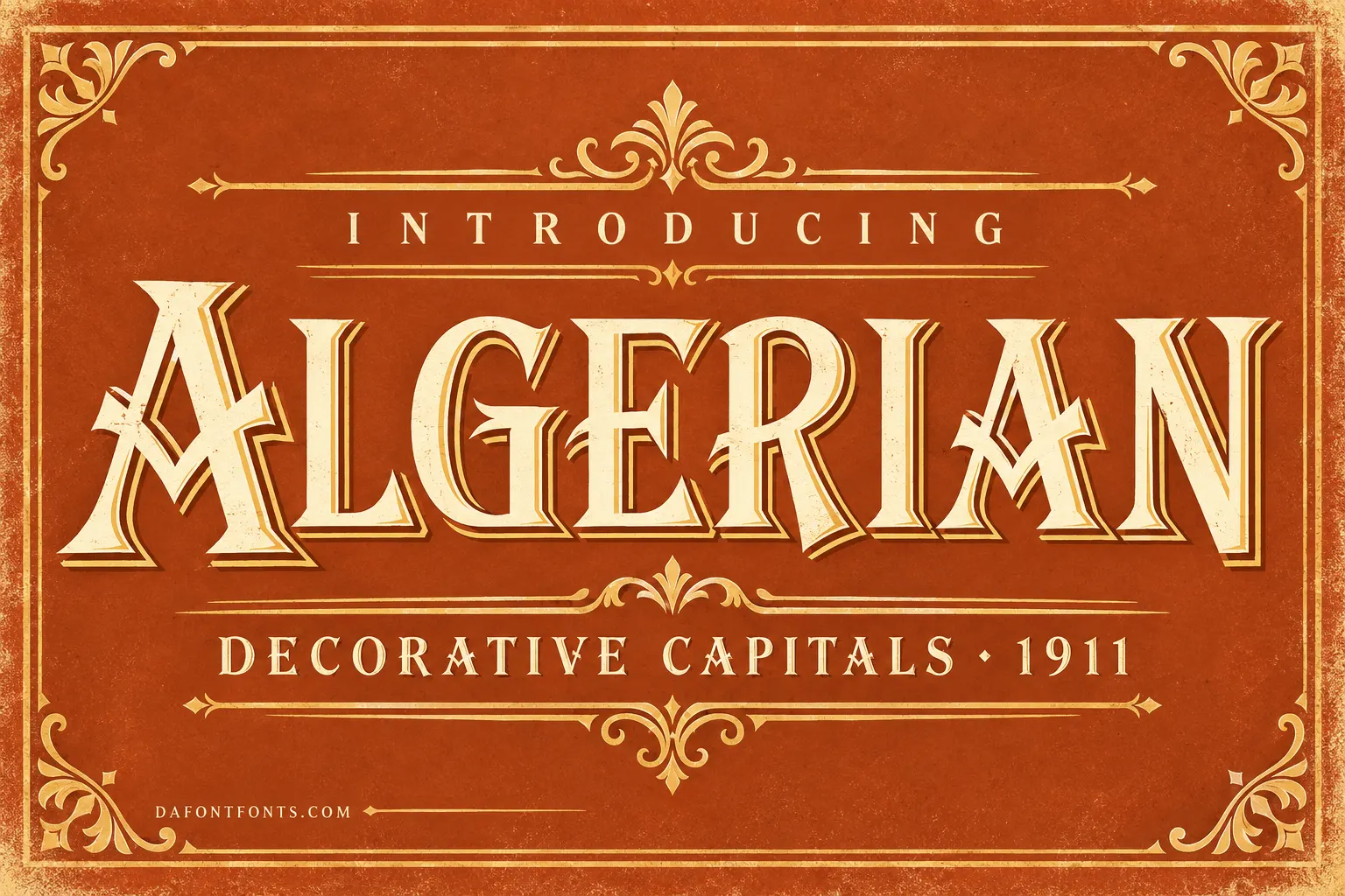Algerian font poster: decorative inline capitals on a vintage terracotta and gold background