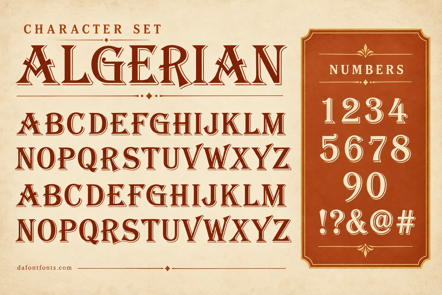 Algerian style character set: decorative capitals, numbers and symbols