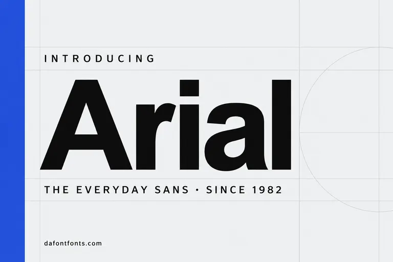 Arial font poster: clean black Arial headline on a light grey background with a blue accent bar