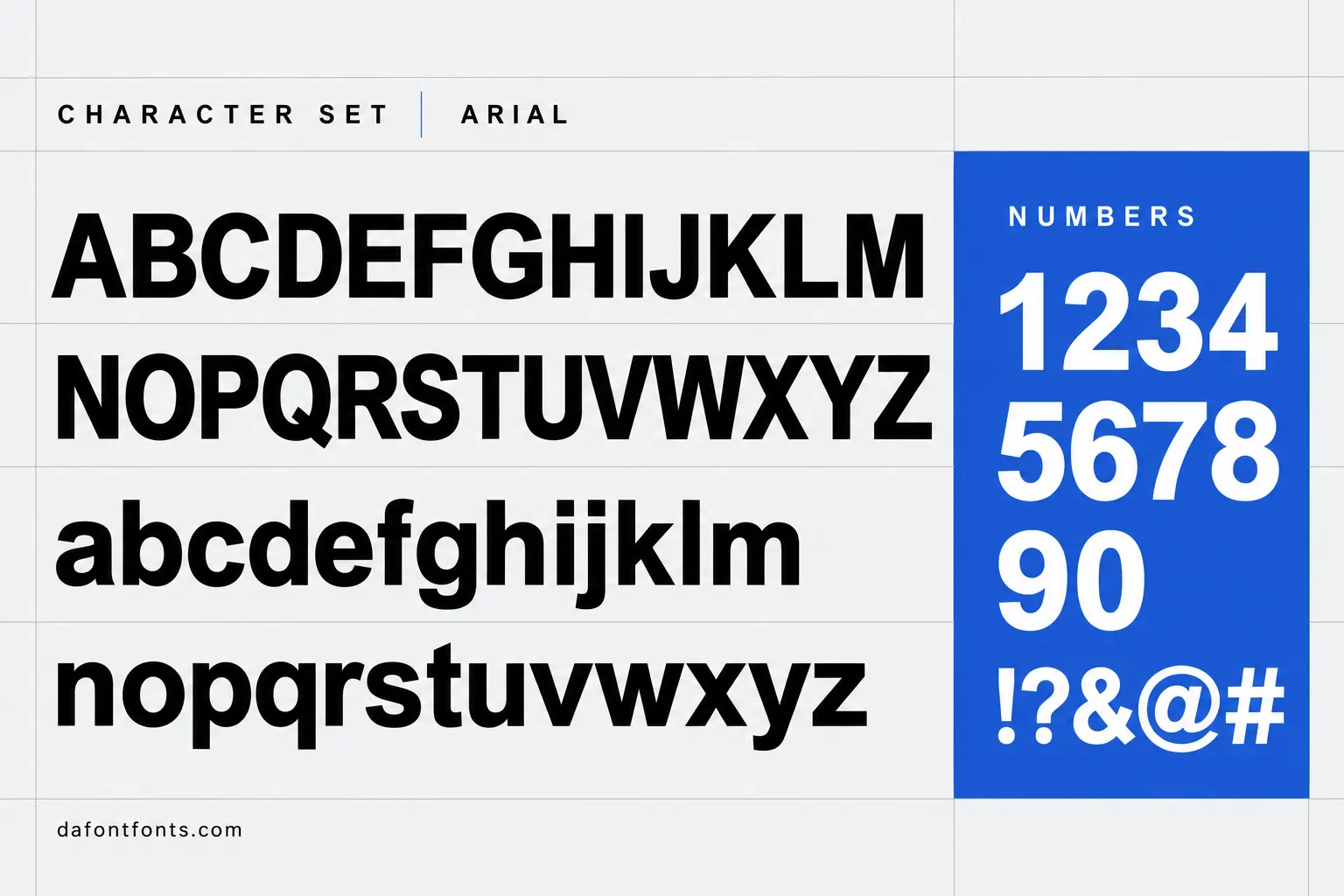 Arial style character set: uppercase and lowercase alphabet, numbers and symbols