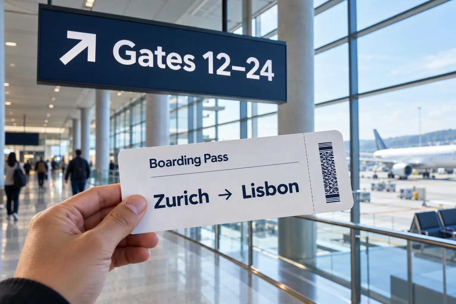 Avenir style type on airport wayfinding signs and a boarding pass