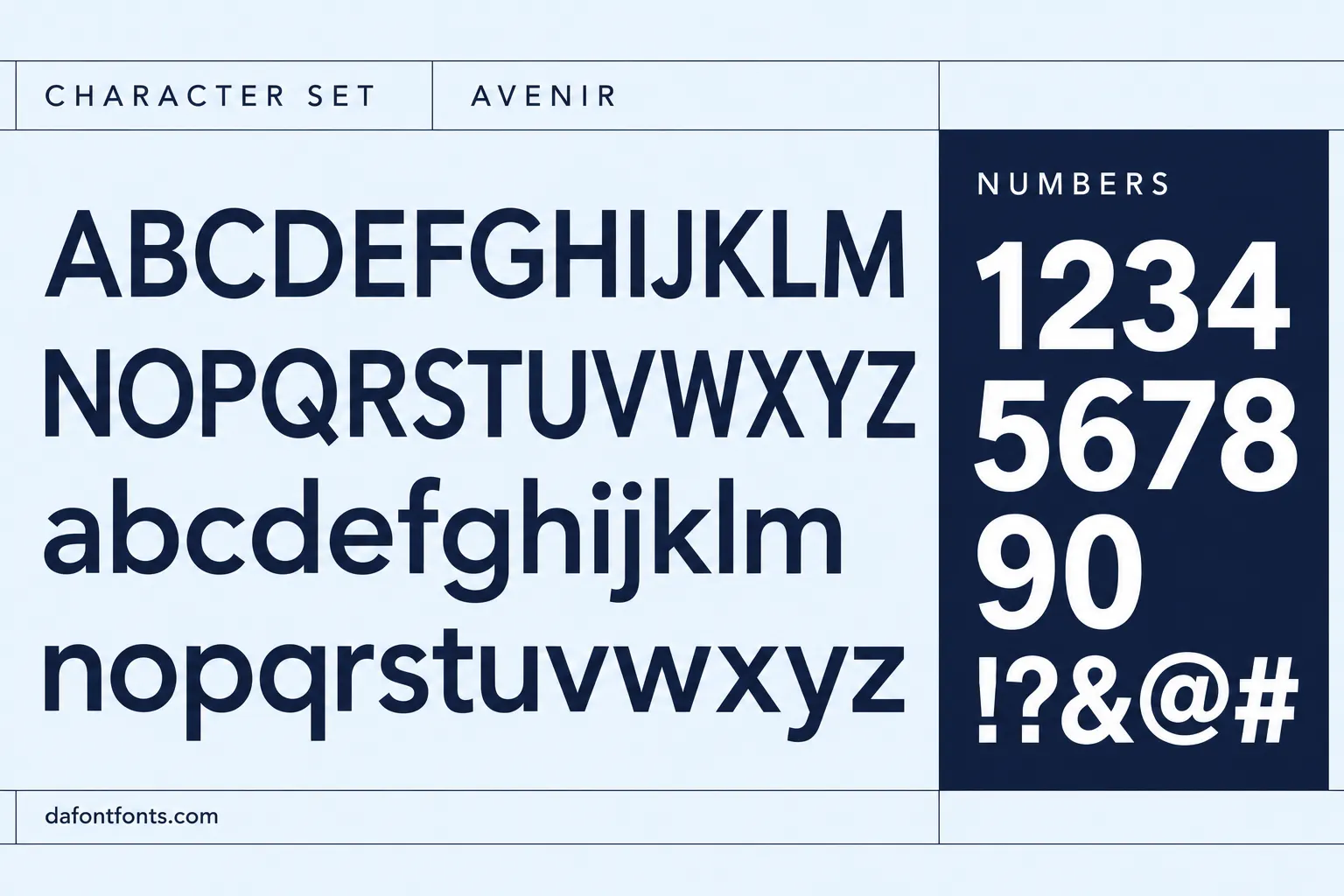 Avenir style character set: uppercase and lowercase alphabet, numbers and symbols