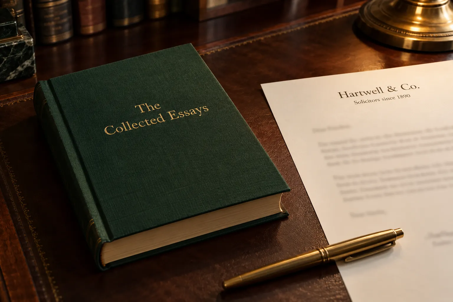 Baskerville style serif type on a green clothbound book and a formal letterhead