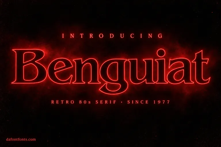 Benguiat font poster: glowing red outlined serif headline on a dark 1980s background