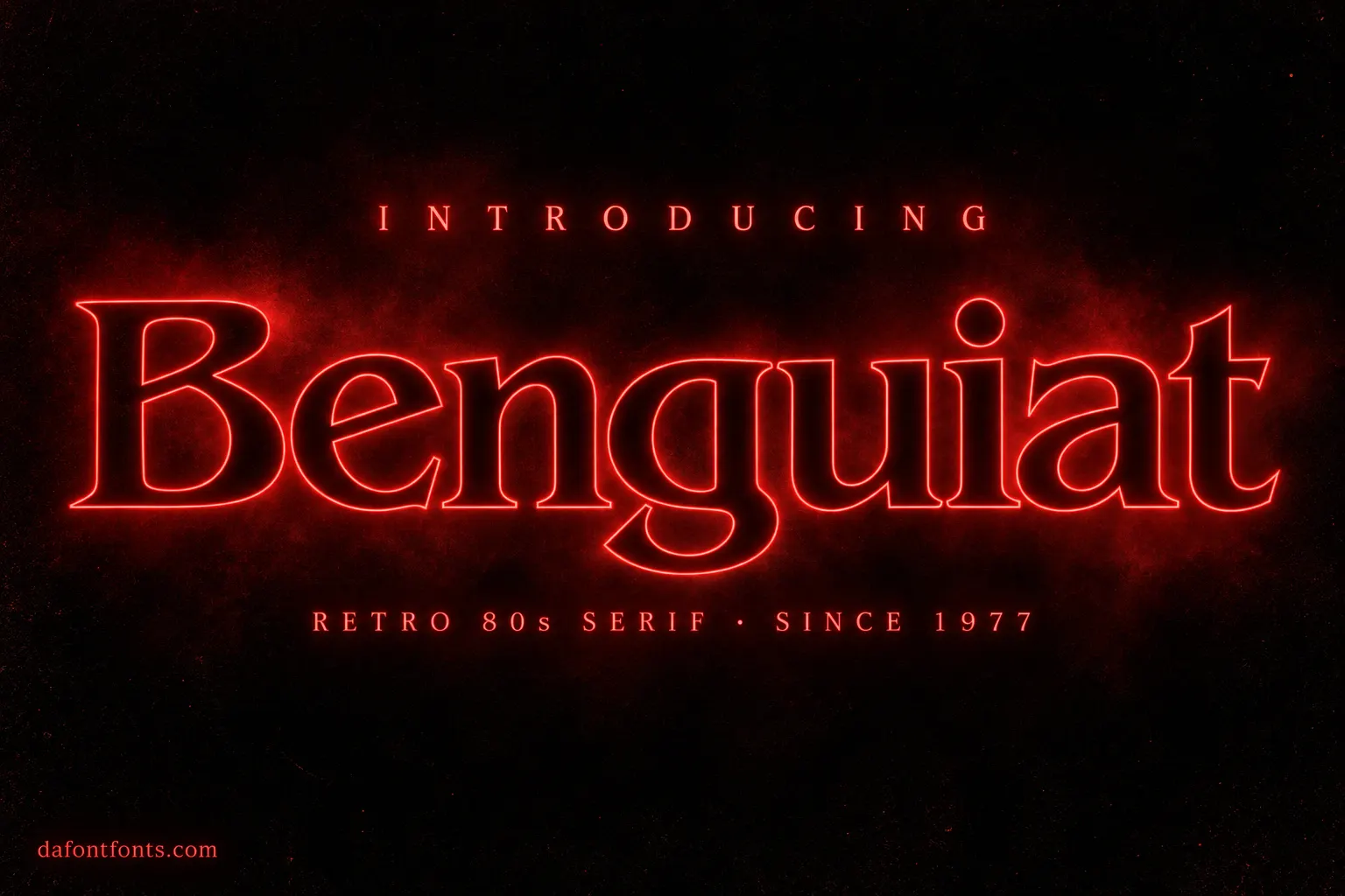 Benguiat font poster: glowing red outlined serif headline on a dark 1980s background
