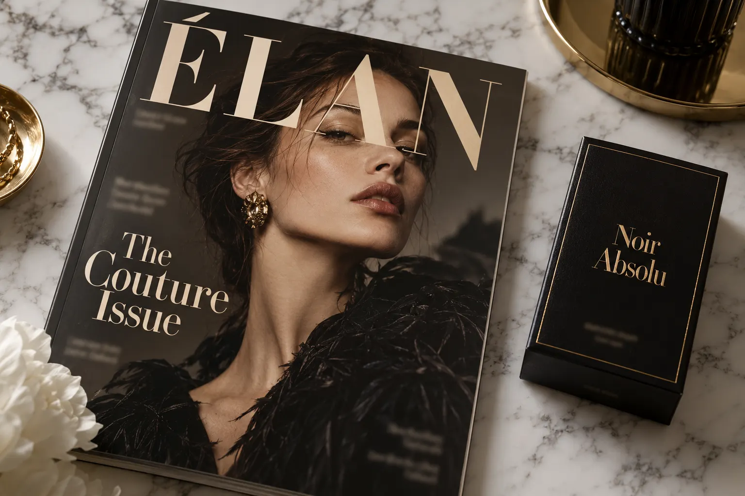 Bodoni style serif on a fashion magazine cover and a black perfume box