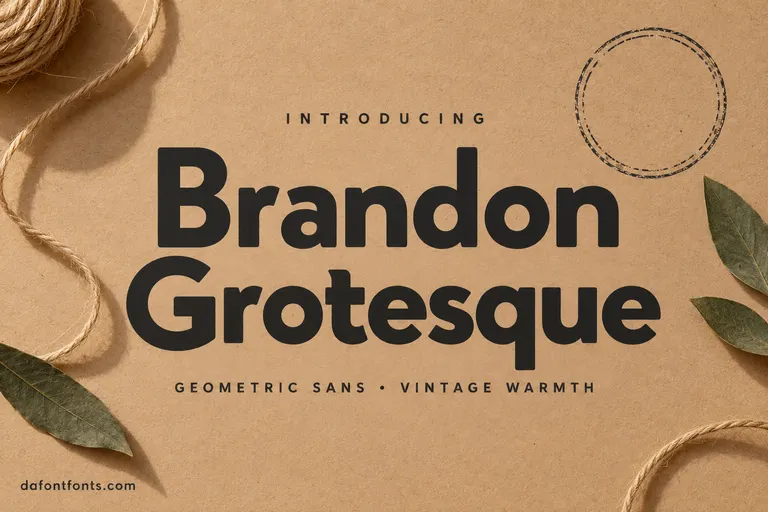 Brandon Grotesque font poster: charcoal headline on warm kraft paper with a stamped badge