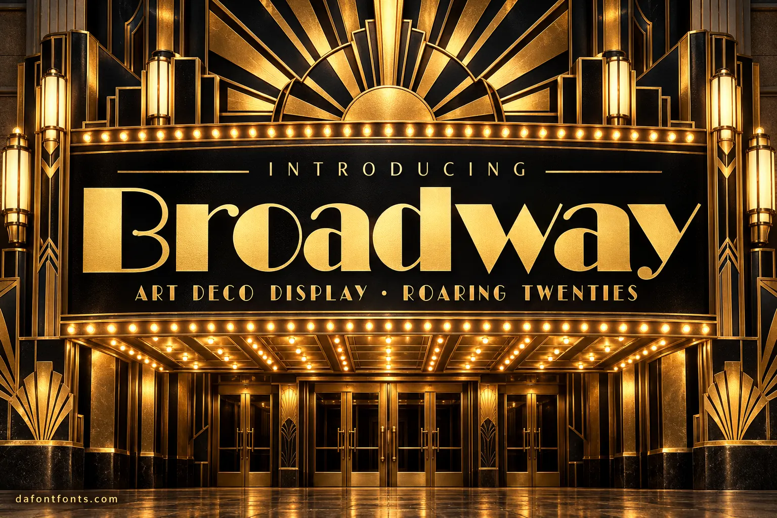 Broadway font poster: gold Art Deco headline on a black and gold theatre facade
