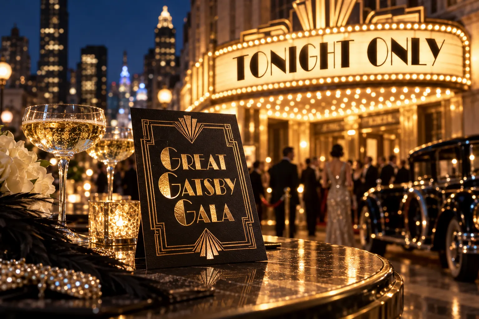 Broadway style lettering on a theatre marquee and a gala invitation