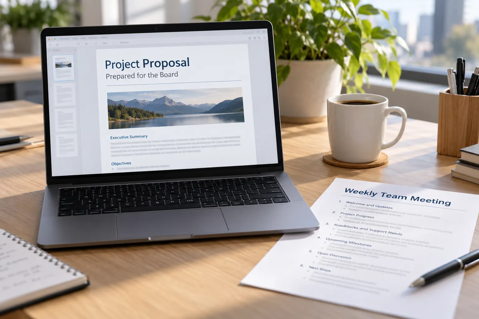 Calibri style type on a laptop document and a printed meeting agenda