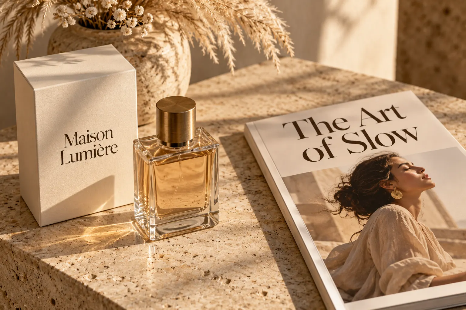 Canela style serif type on a luxury perfume box and a fashion magazine cover