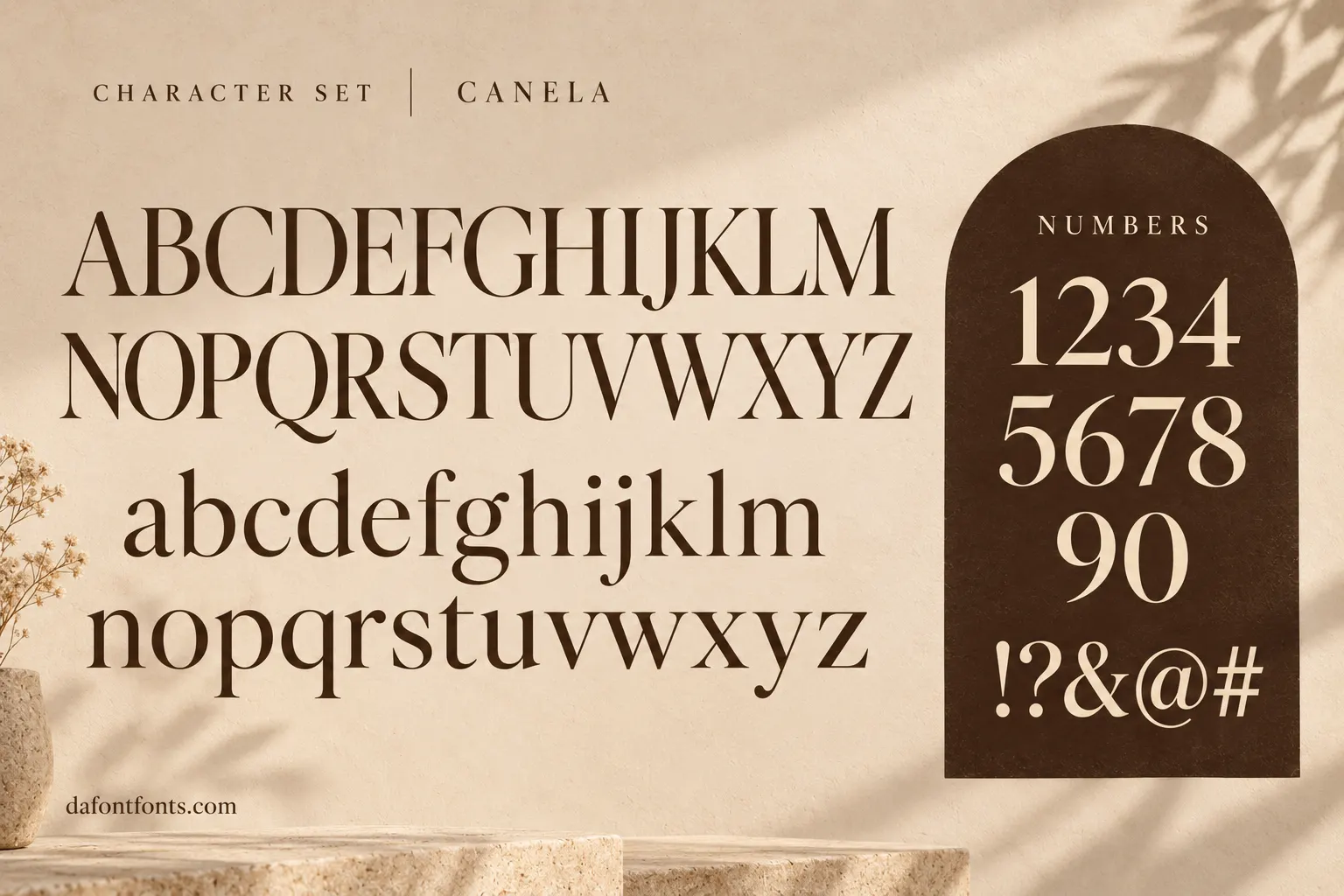 Canela style character set: uppercase and lowercase alphabet, numbers and symbols