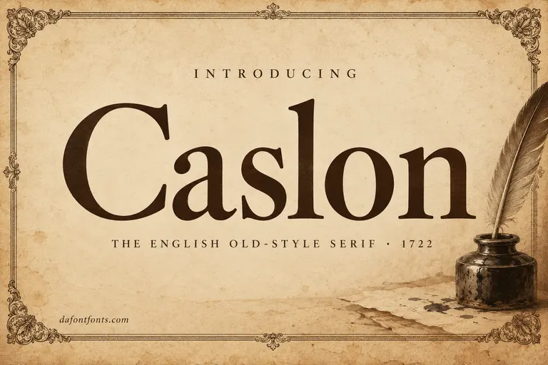 Caslon font poster: classic Caslon headline on aged parchment with a quill