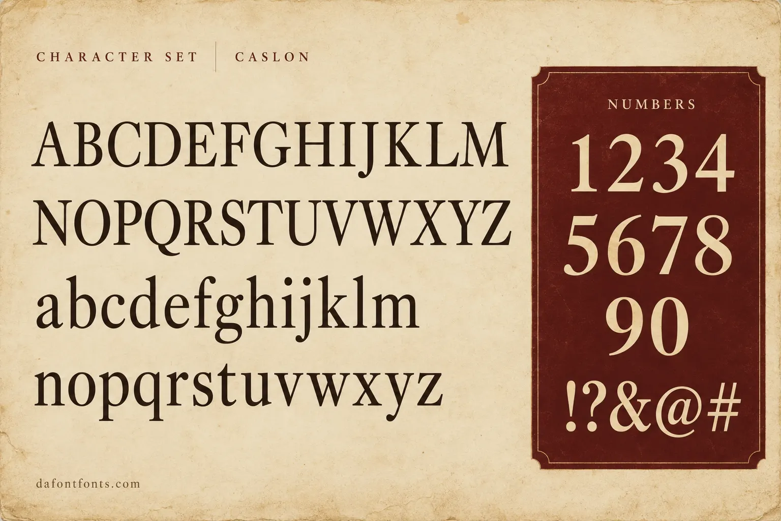 Caslon style character set: uppercase and lowercase alphabet, numbers and symbols