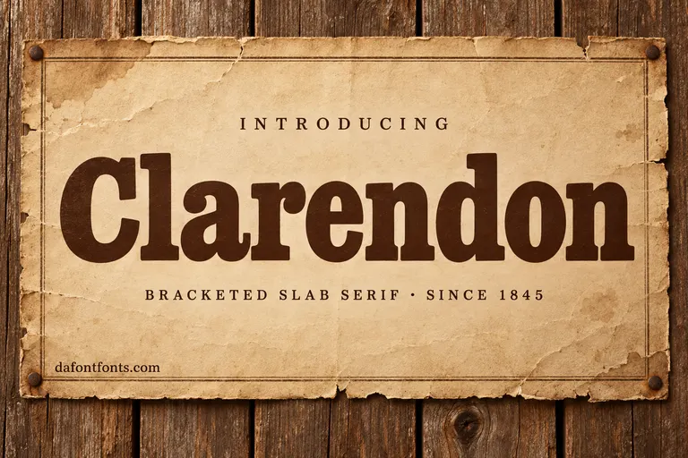 Clarendon font poster: brown slab serif headline on a weathered barn wall poster