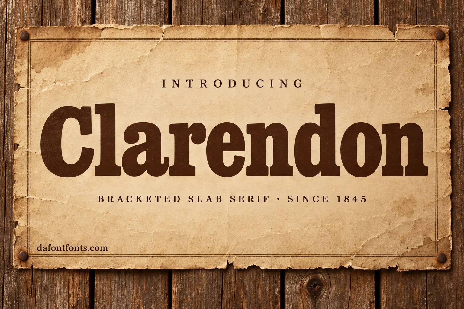 Clarendon font poster: brown slab serif headline on a weathered barn wall poster