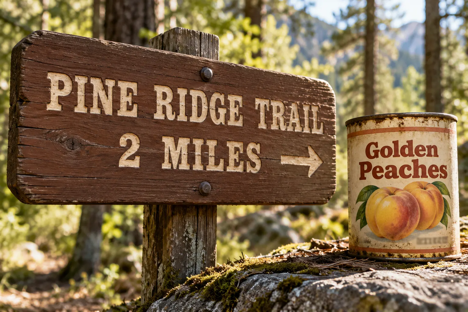 Clarendon style slab serif on a wooden trail sign and a vintage can label