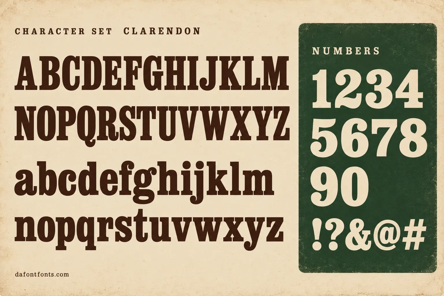 Clarendon style character set: uppercase and lowercase alphabet, numbers and symbols