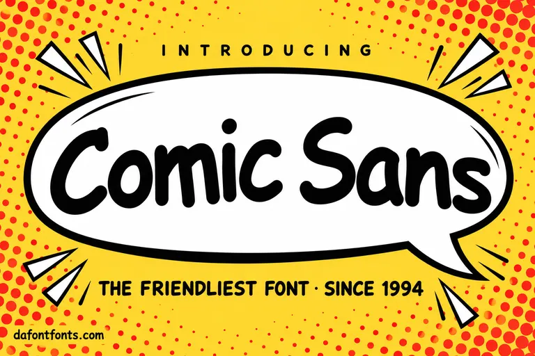 Comic Sans font poster: playful Comic Sans headline in a comic book speech bubble on a yellow halftone background