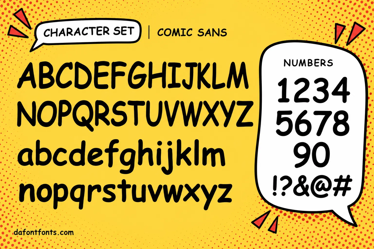 Comic Sans style character set: uppercase and lowercase alphabet, numbers and symbols