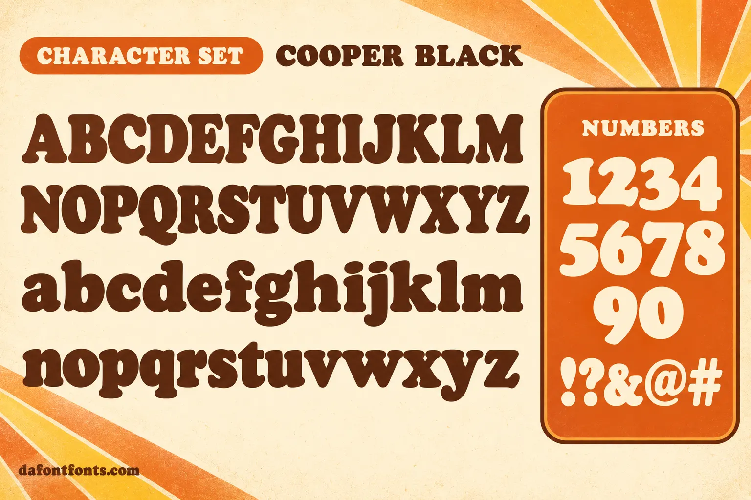 Cooper Black style character set: uppercase and lowercase alphabet, numbers and symbols
