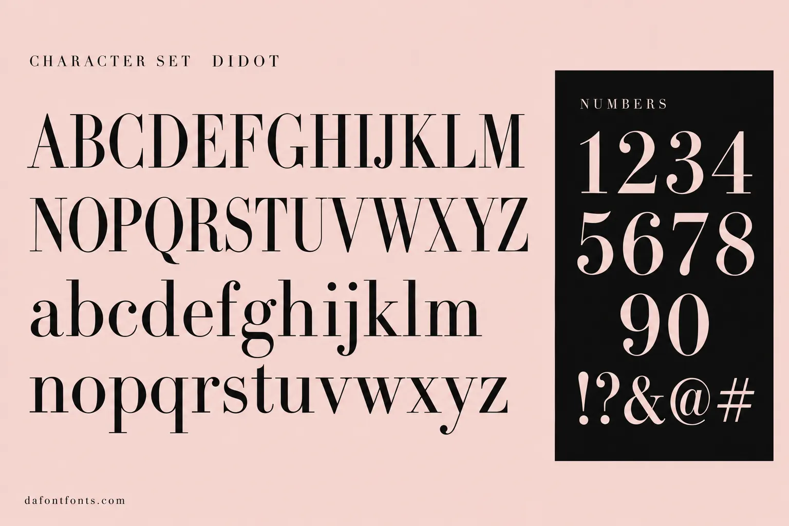 Didot style character set: uppercase and lowercase alphabet, numbers and symbols