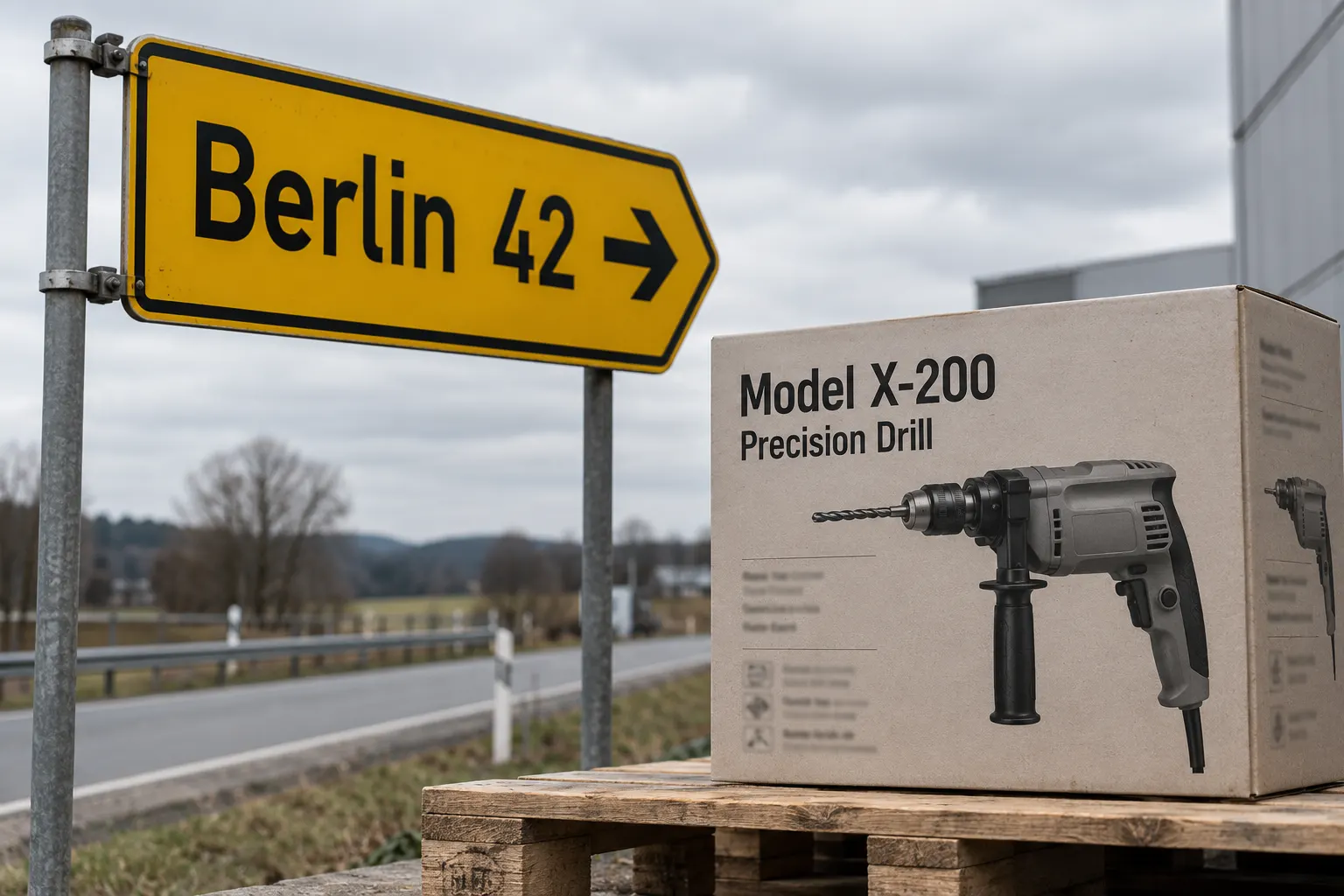 DIN style type on a yellow road direction sign and a technical product box
