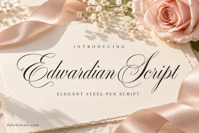 Edwardian Script font poster: flowing calligraphic headline on ivory wedding stationery with a rose