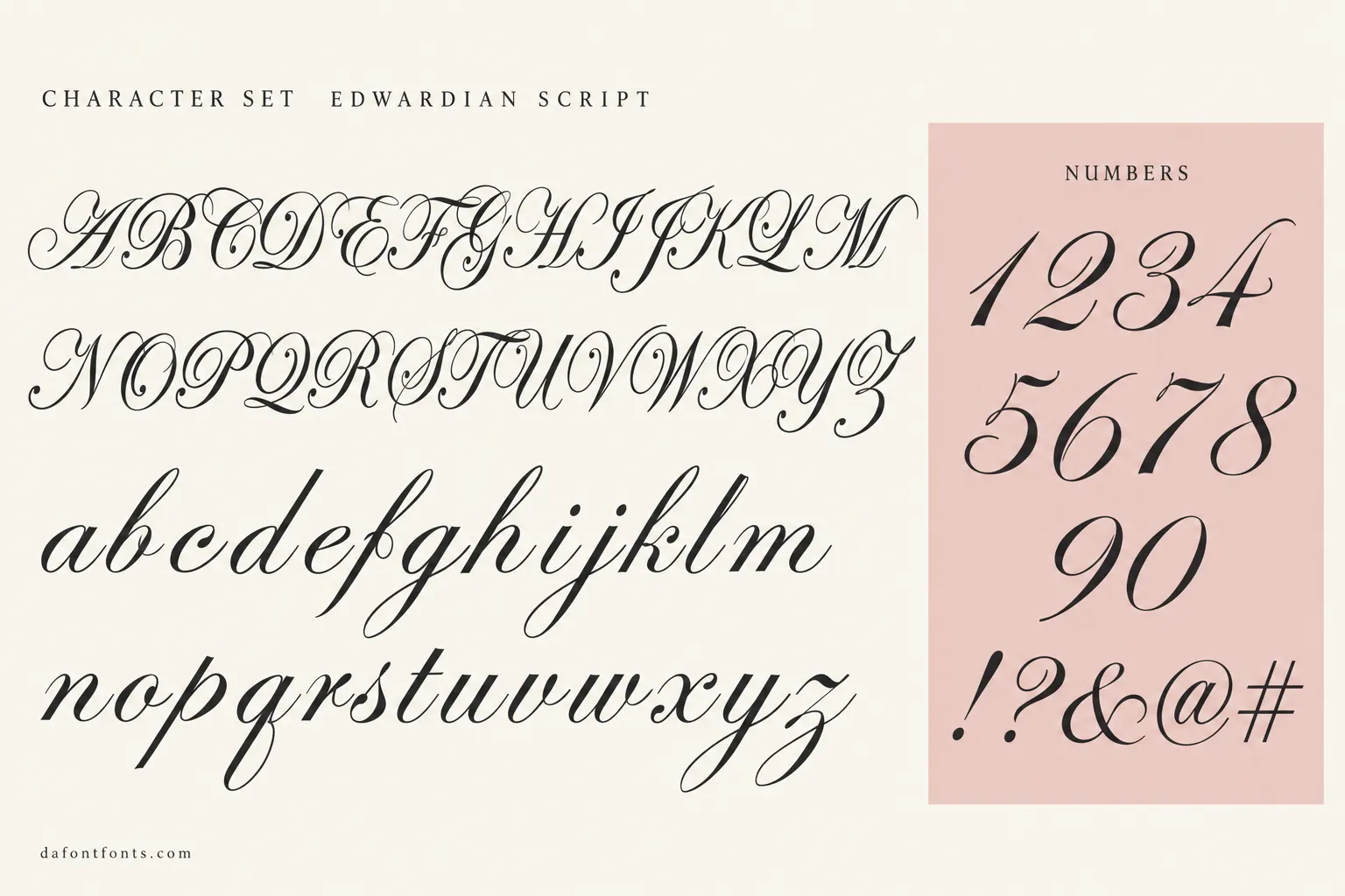 Edwardian Script style character set: uppercase and lowercase alphabet, numbers and symbols