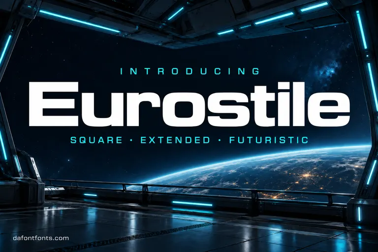 Eurostile font poster: white extended Eurostile headline in a navy sci-fi interior with cyan lights