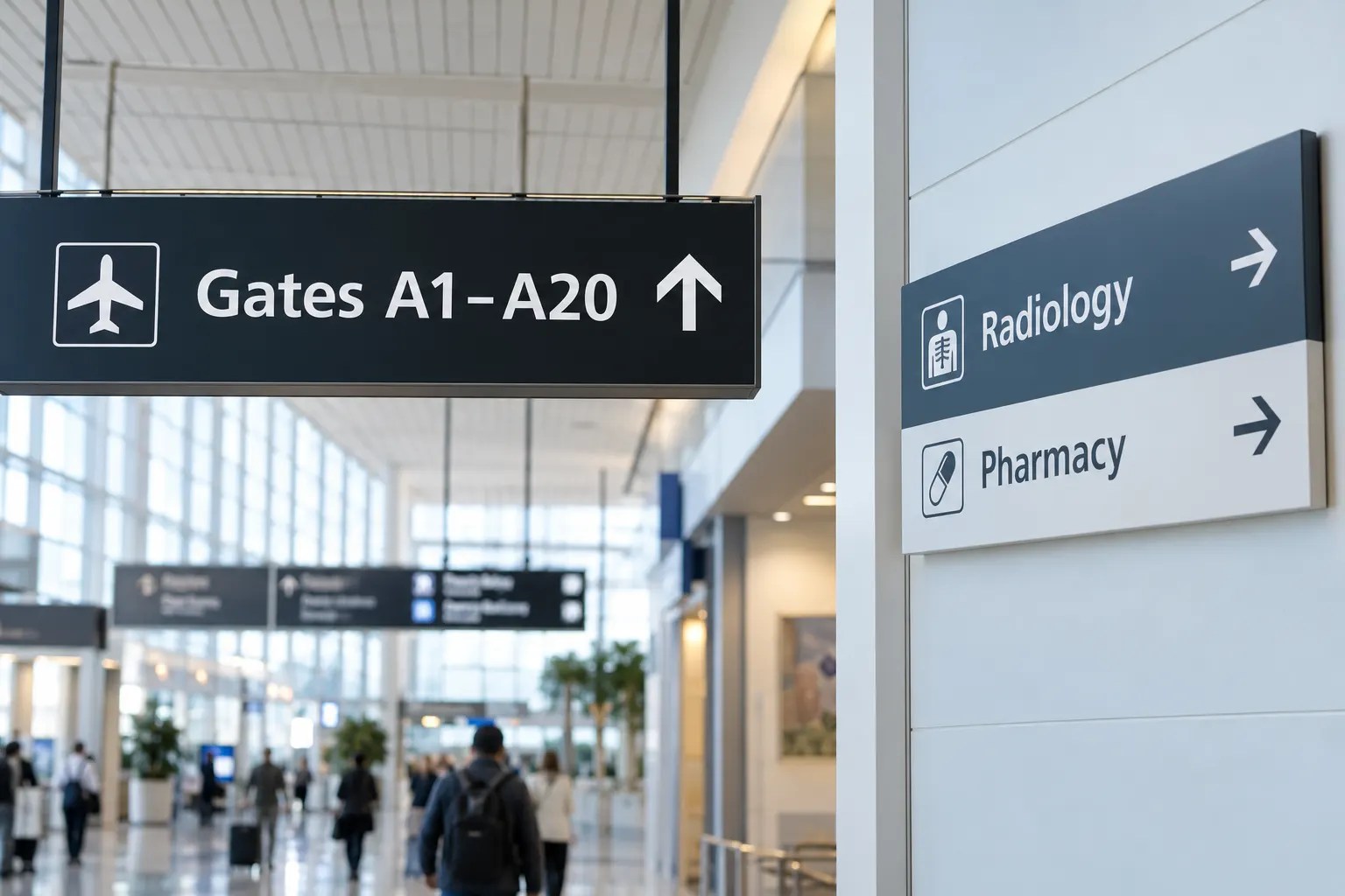 Frutiger style type on an airport gate sign and a hospital wayfinding board