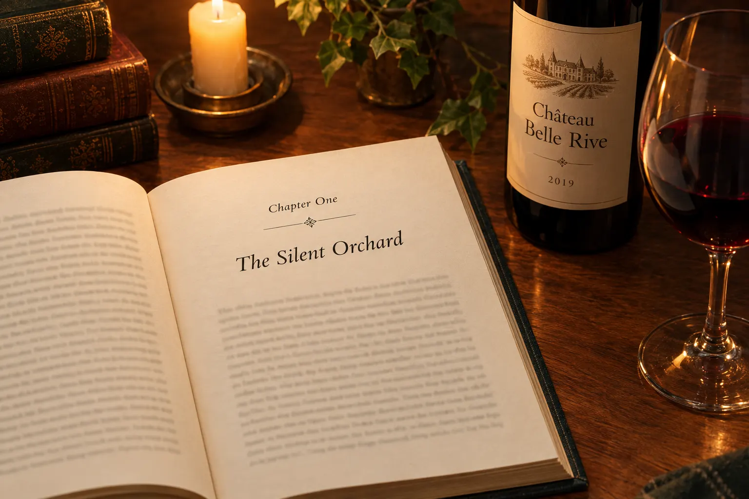 Garamond style serif type on an open novel chapter page and a wine label