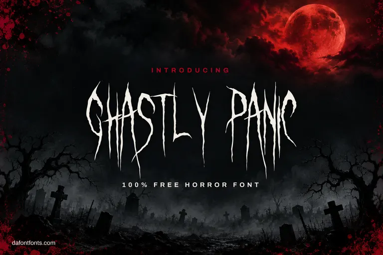 Ghastly Panic font poster: jagged white horror lettering over a foggy graveyard under a blood red moon