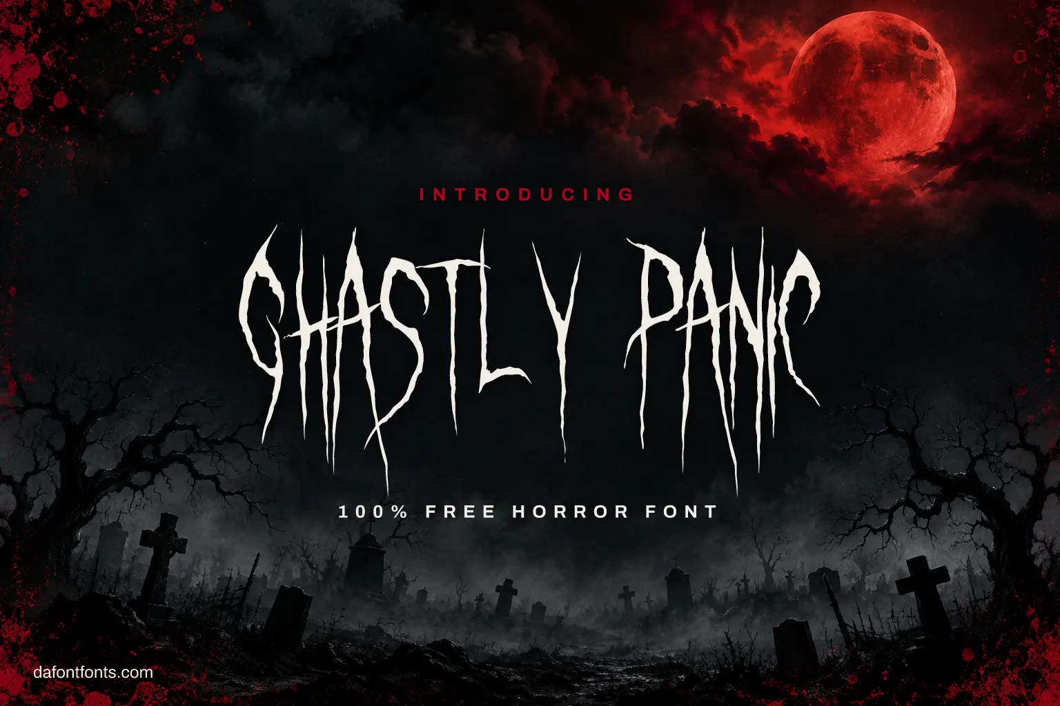 Ghastly Panic font poster: jagged white horror lettering over a foggy graveyard under a blood red moon