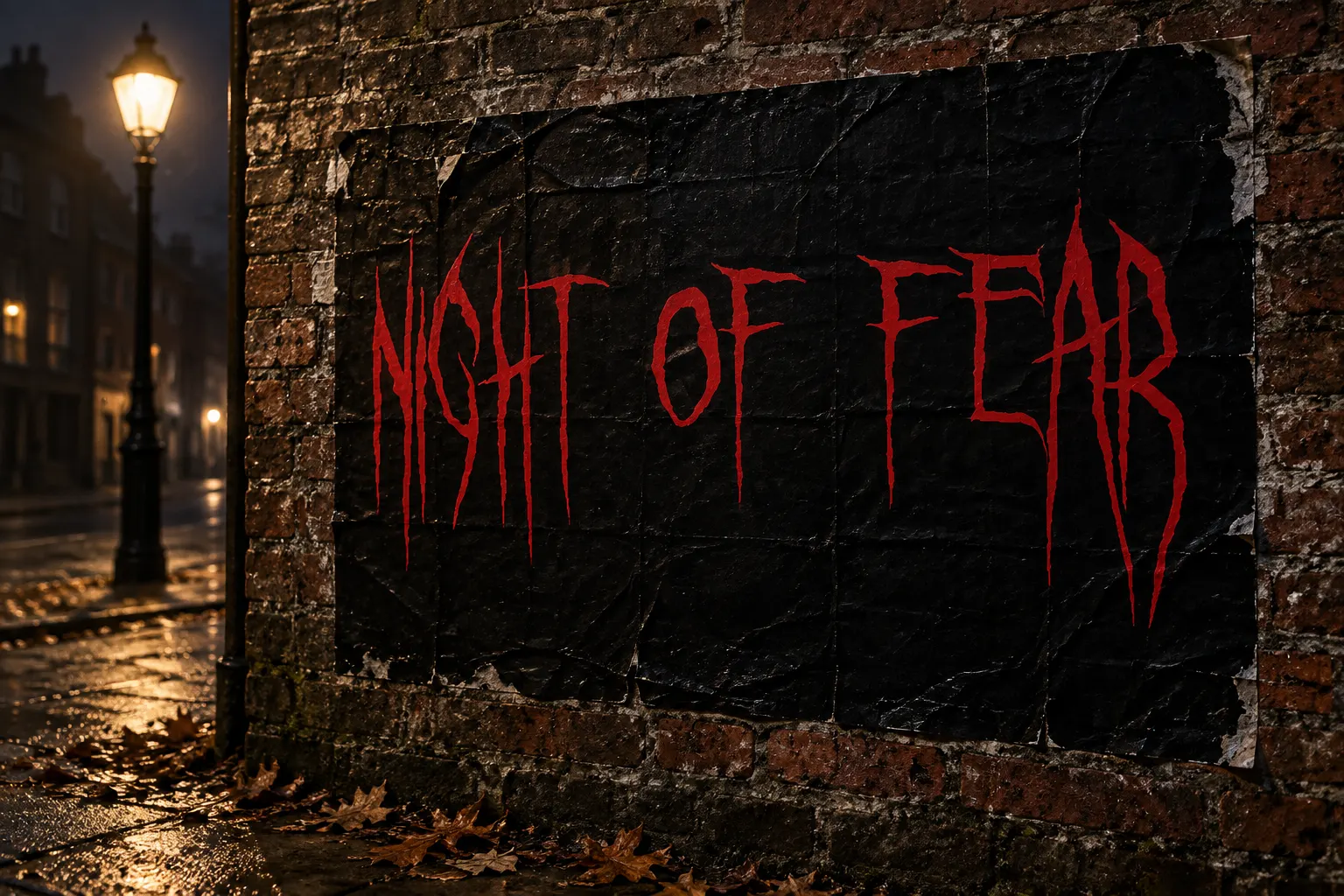 Ghastly Panic font on a black horror movie poster reading NIGHT OF FEAR on a brick wall