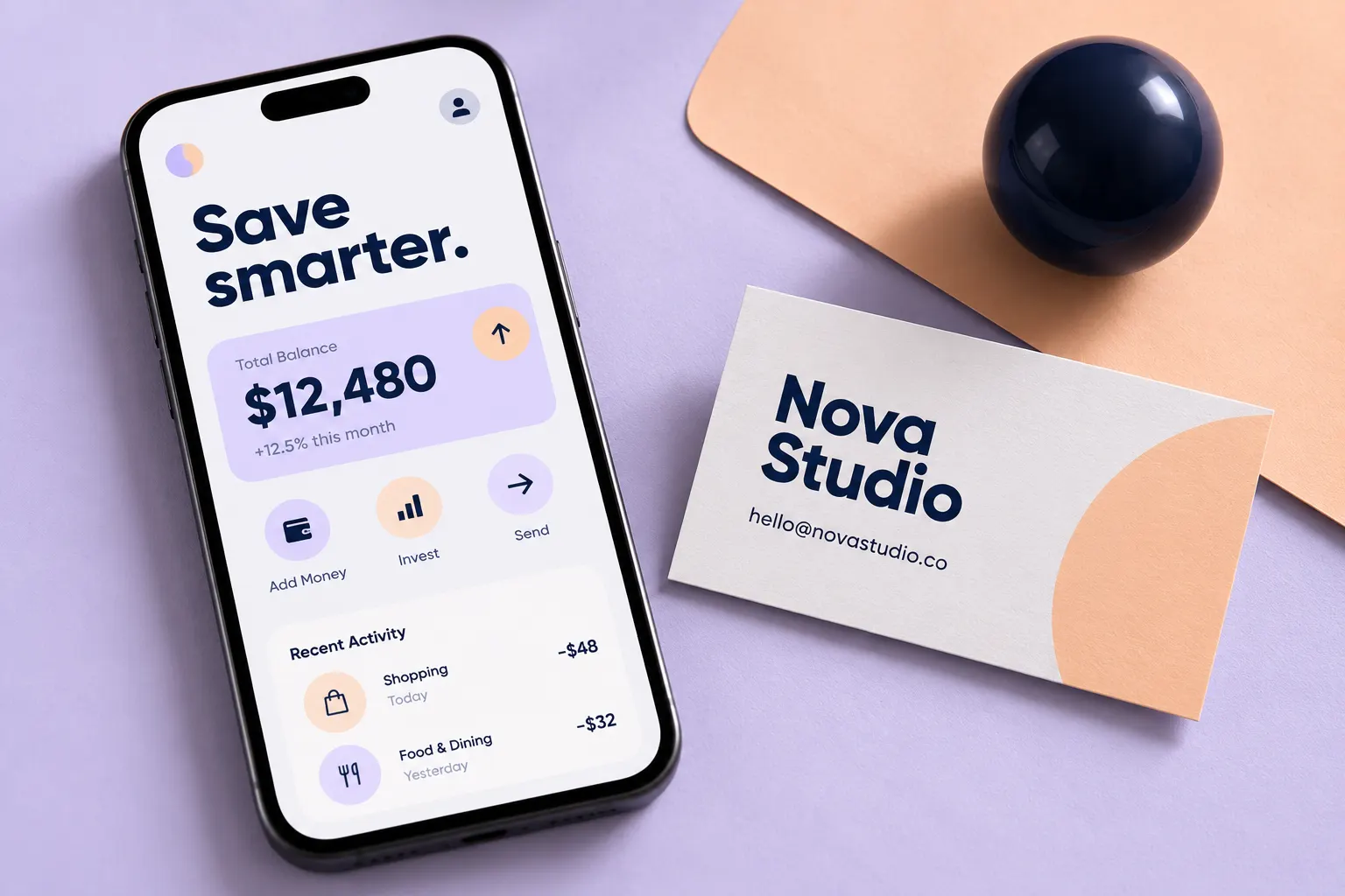 Gilroy style type on a phone banking app screen and a Nova Studio business card