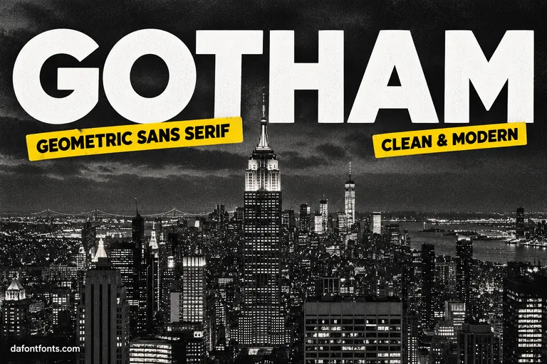 Gotham font poster: bold white GOTHAM headline over a black and white New York skyline