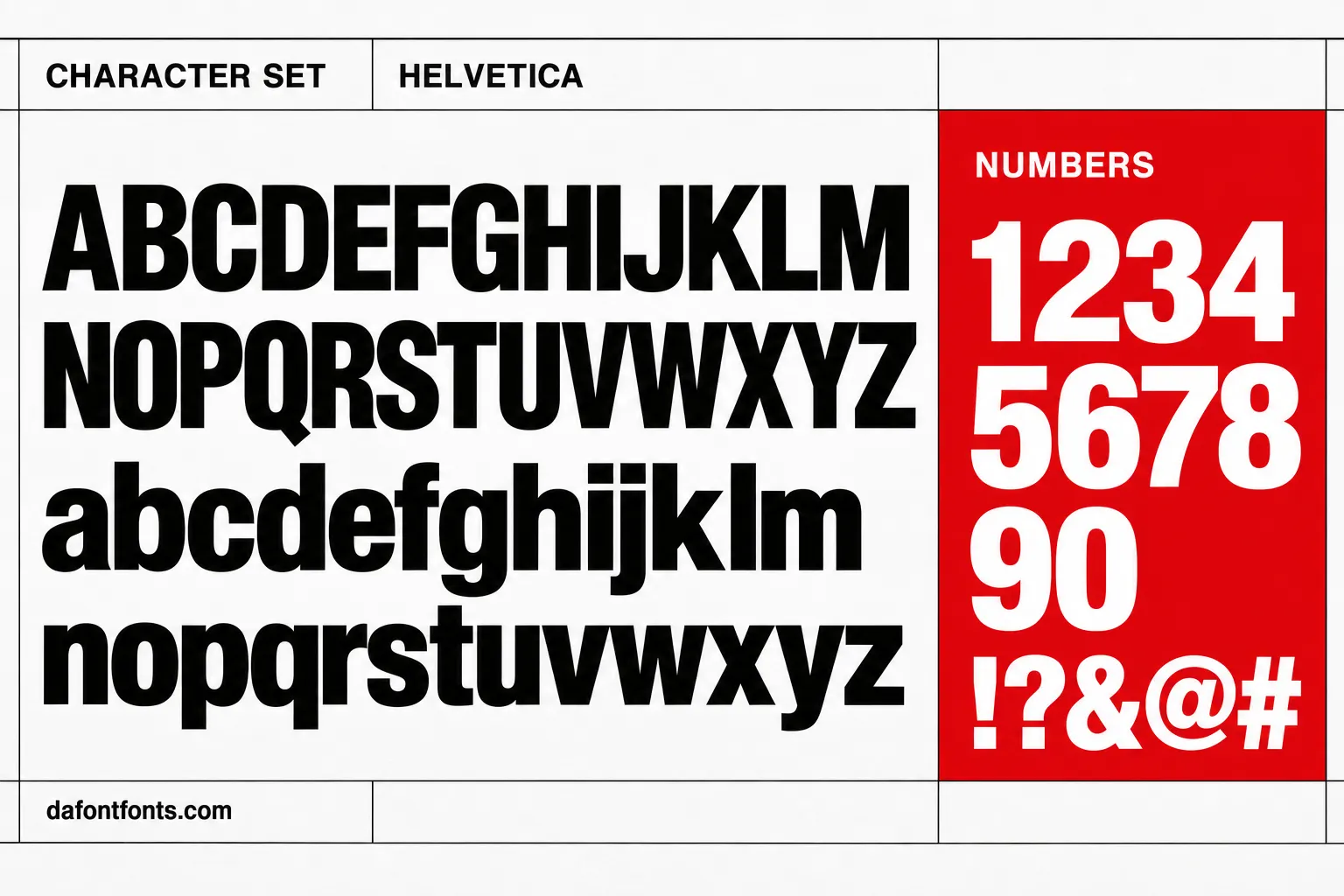 Helvetica style character set: uppercase and lowercase alphabet, numbers and symbols