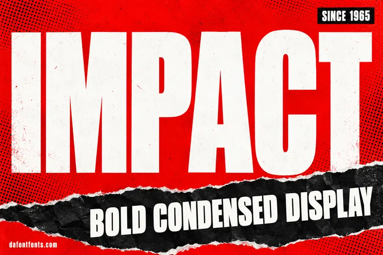 Impact font poster: giant white IMPACT headline on a red halftone background with a torn black strip