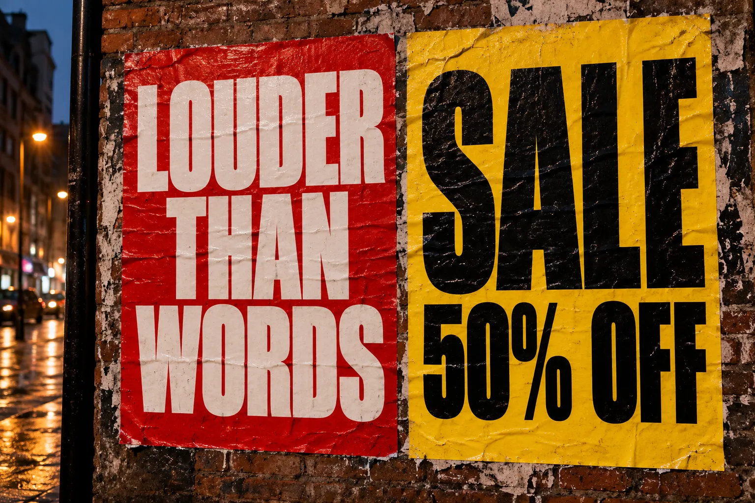 Impact style lettering on street posters reading LOUDER THAN WORDS and SALE 50% OFF