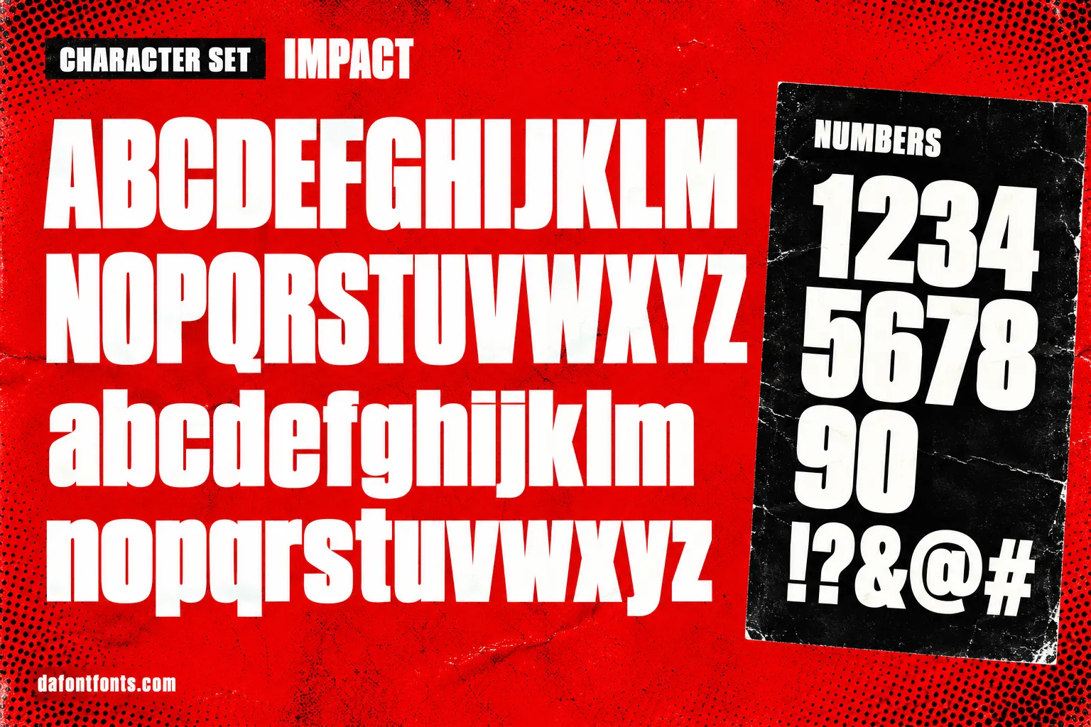 Impact style character set: uppercase and lowercase alphabet, numbers and symbols