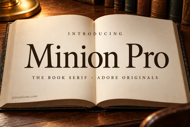 Minion Pro font poster: classic serif headline over an open hardcover book in lamp light