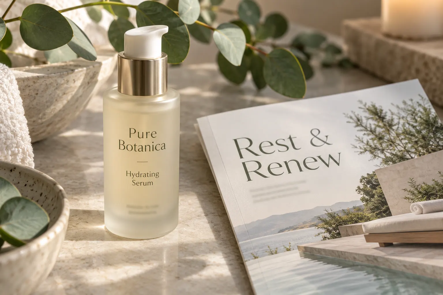 Optima style type on a skincare bottle label and a spa brochure