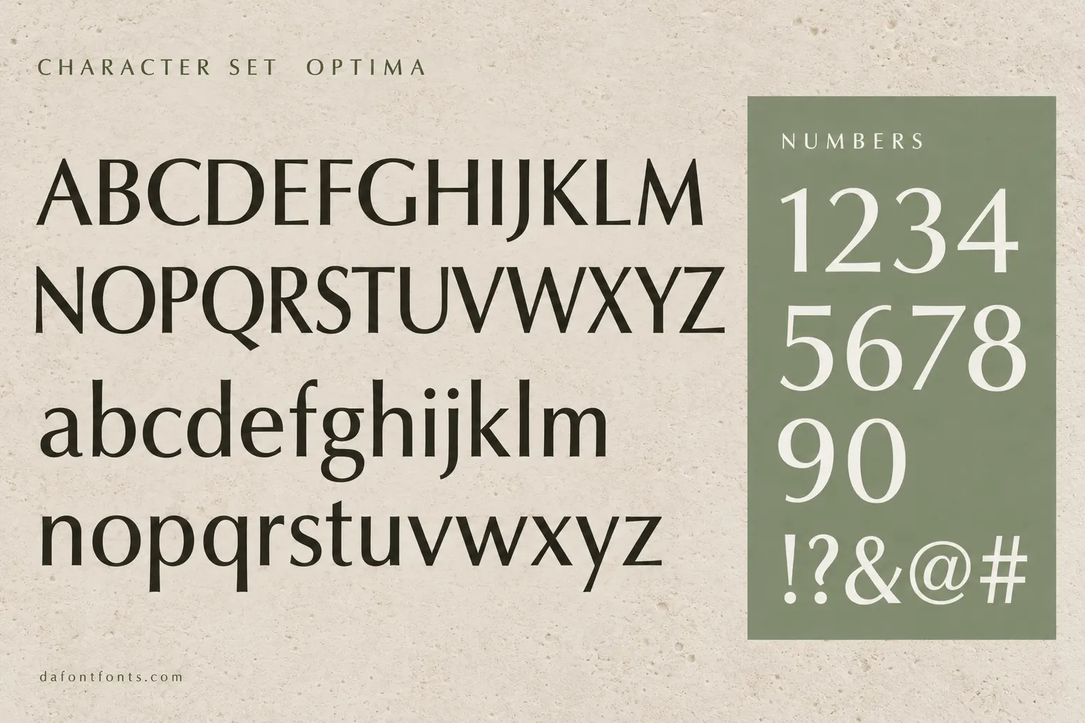 Optima style character set: uppercase and lowercase alphabet, numbers and symbols