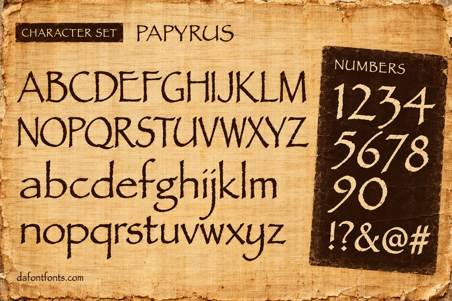 Papyrus style character set: uppercase and lowercase alphabet, numbers and symbols