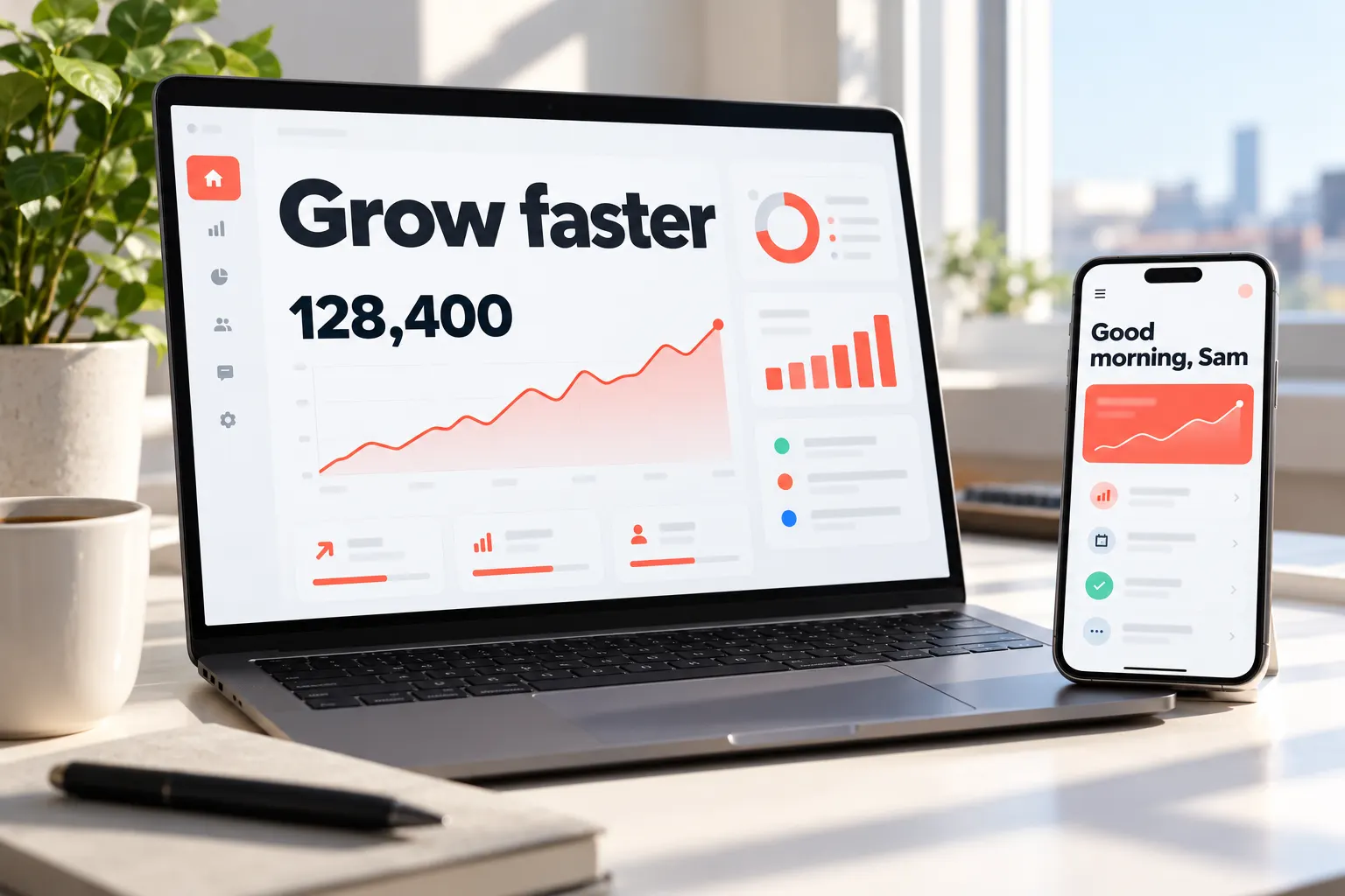 Proxima Nova style type on a laptop analytics dashboard and a phone app screen