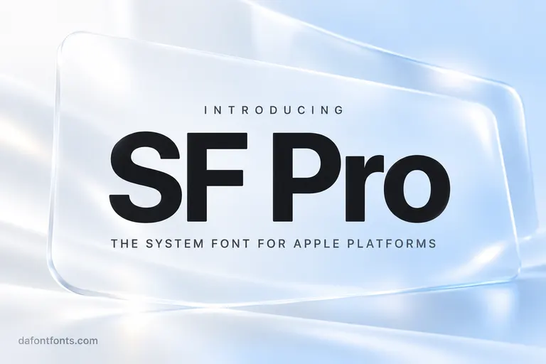 SF Pro font poster: near-black SF Pro headline on a soft light blue gradient with a glass panel