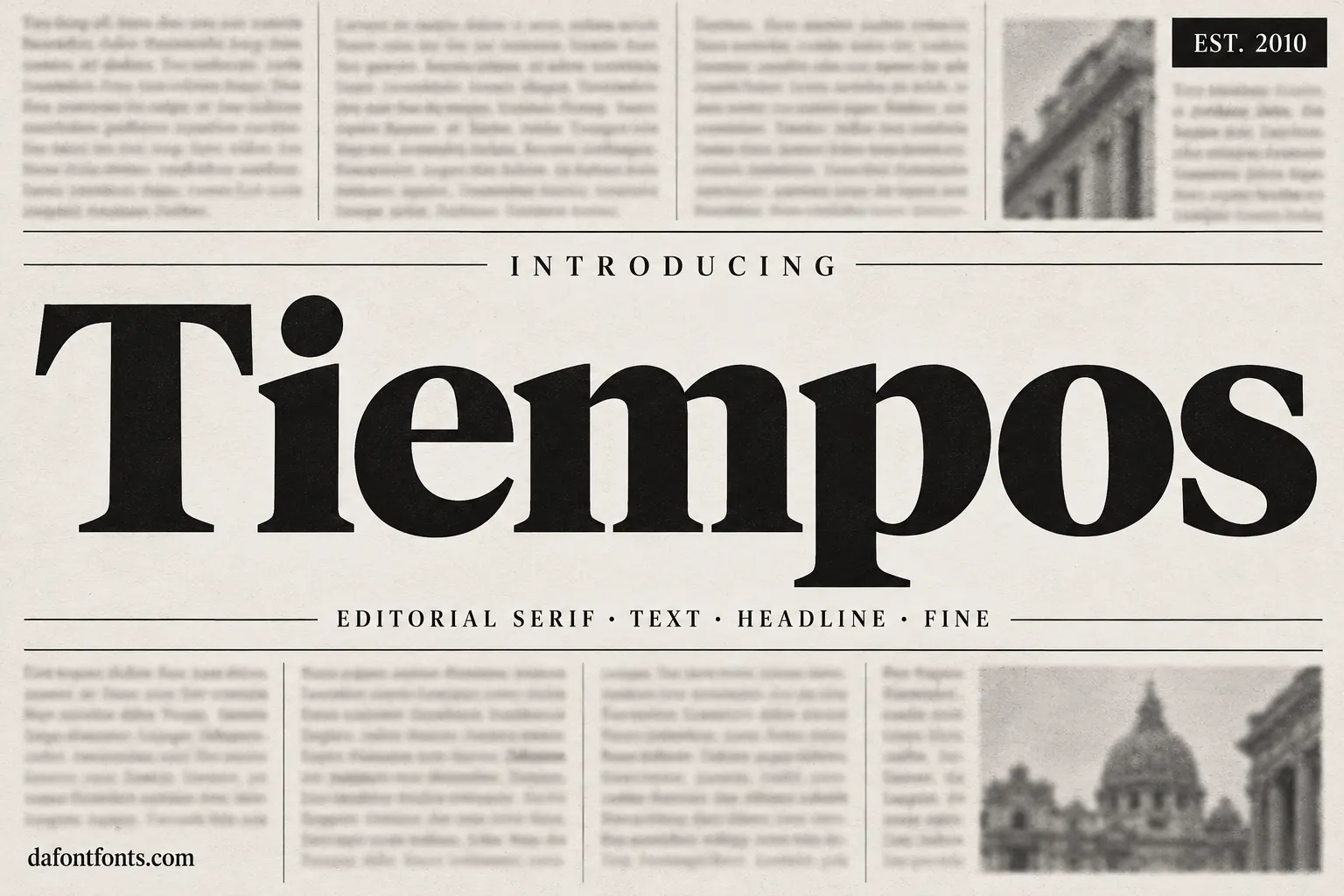 Tiempos font poster: elegant serif Tiempos headline on a newspaper-inspired layout