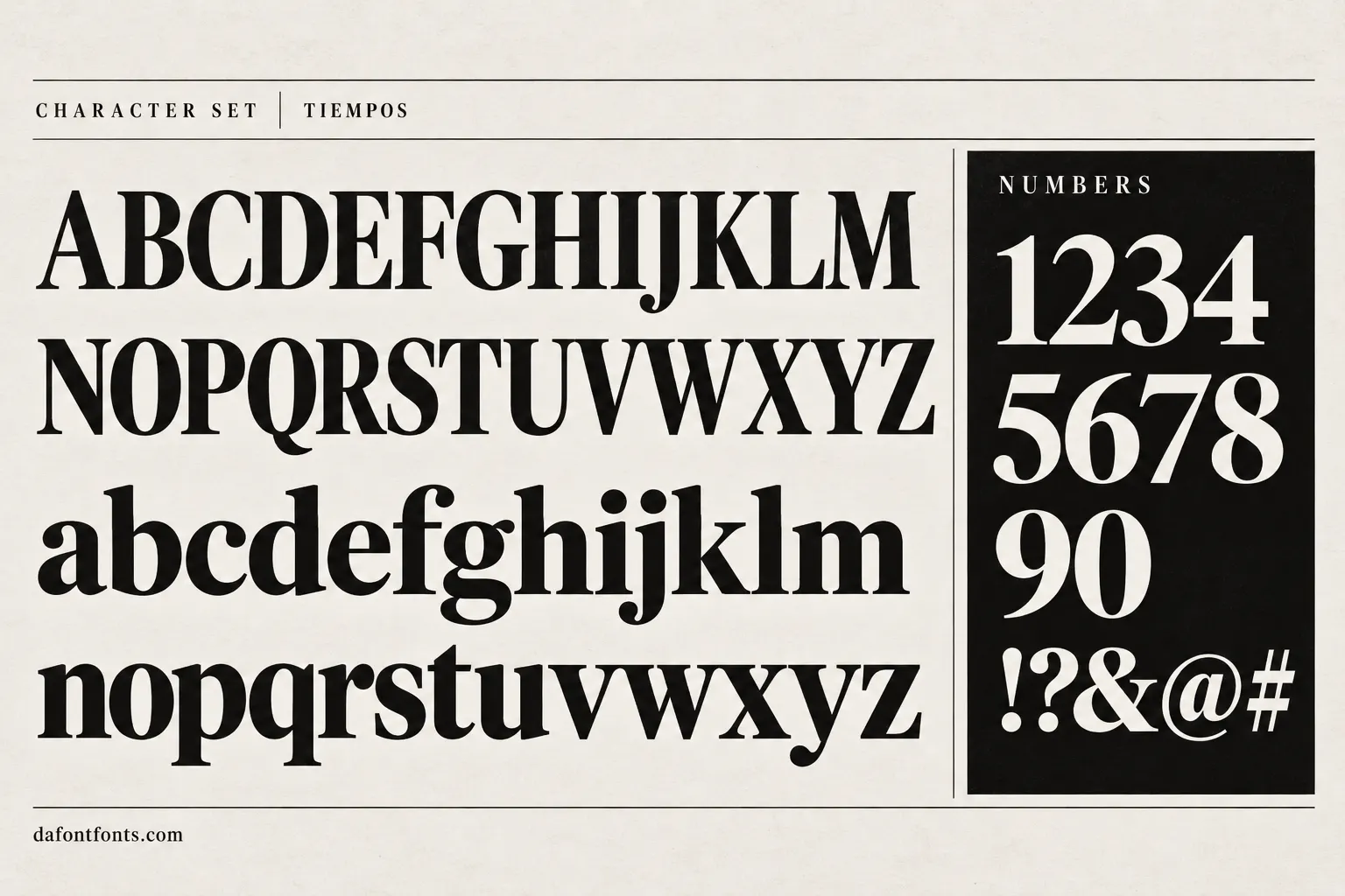 Tiempos style character set: uppercase and lowercase alphabet, numbers and symbols