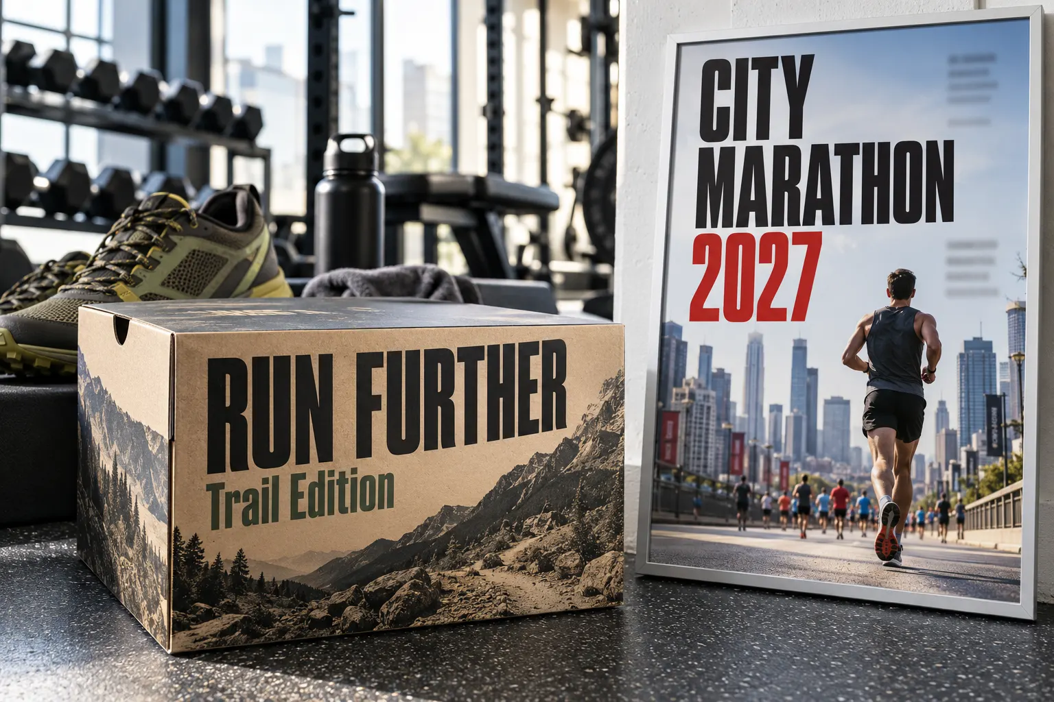 Trade Gothic style condensed type on a running shoe box and an event poster